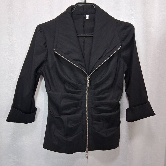 1. Joseph Ribkoff Fitted Shiny Black Zip-Up Top With Ruffles & Silver Hardware - Picture 2 of 9